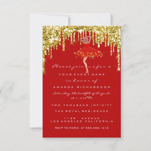 Invitation Parties scintillant rouge or nuptiale douce 16e r (Devant)