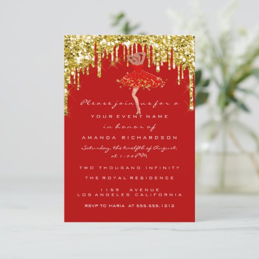 Invitation Parties scintillant rouge or  nuptiale douce 16e r (Debout devant)
