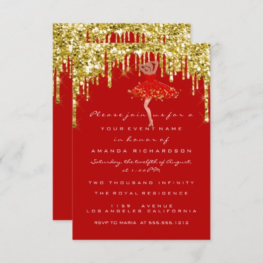 Invitation Parties scintillant rouge or  nuptiale douce 16e r (Devant / Derrière)