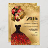 Invitation Parties scintillant Rouge Or Tiara Robe Douce 16 A (Devant / Derrière)