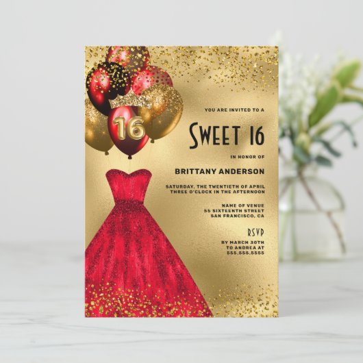 Invitation Parties scintillant Rouge Or Tiara Robe Douce 16 A (Debout devant)