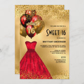 Invitation Parties scintillant Rouge Or Tiara Robe Douce 16 A (Devant / Derrière)