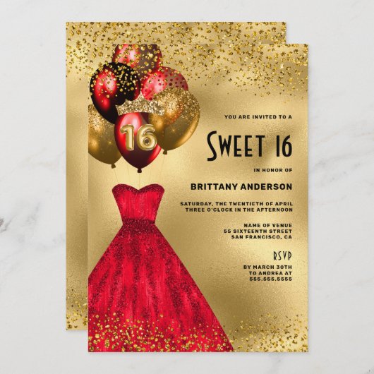 Invitation Parties scintillant Rouge Or Tiara Robe Douce 16 A (Devant / Derrière)