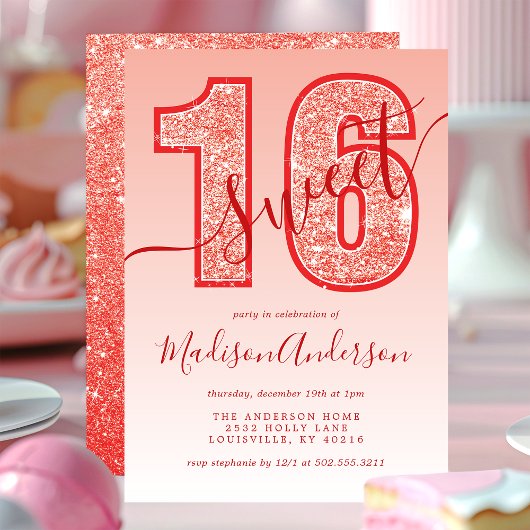 Invitation Parties scintillant rouge Script Sweet 16 Annivers