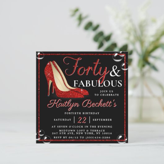 Invitation Parties scintillant rouge talons hauts | Quarante (Debout devant)