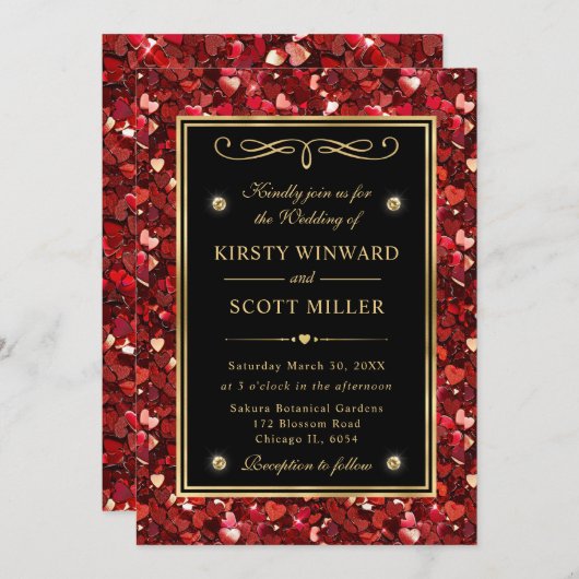 Invitation Parties scintillant rouge Valentine Coeurs Mariage (Devant / Derrière)