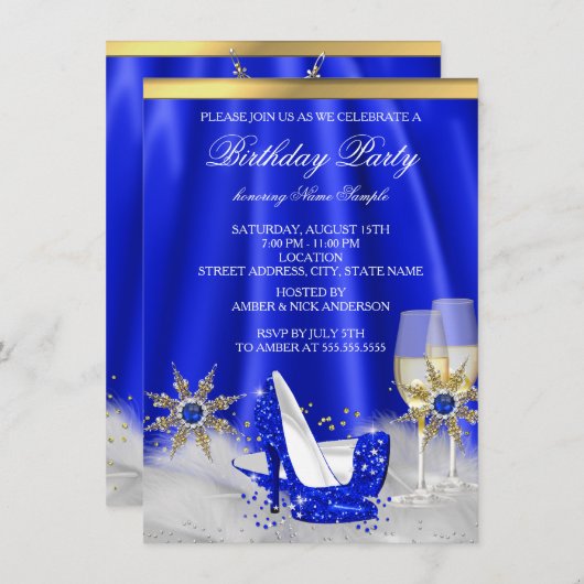 Invitation Parties scintillant Royal Blue High Heels Gold Cha (Devant / Derrière)