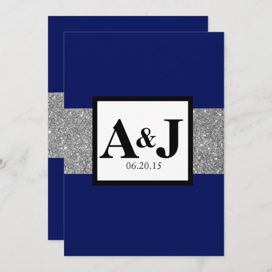 Invitation Parties scintillant Royal Blue Silver Monogramme M (Devant / Derrière)