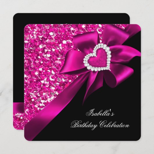Invitation Parties scintillant Royal Hot Rose Coeur Bow Black (Devant / Derrière)