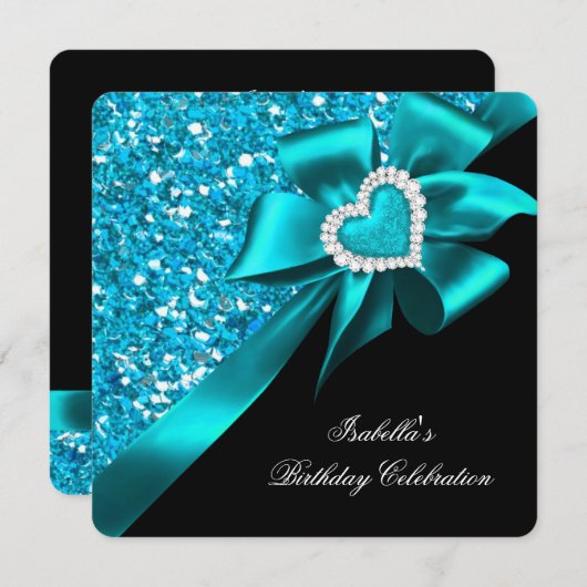Invitation Parties scintillant Royal Turquoise Blue Heart Bow (Devant / Derrière)
