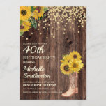 Invitation Parties scintillant Rustic Sunflower Boots 40e ann<br><div class="desc">Bois rustique,  tournesols jaunes à la parties scintillant d'or,  et une botte de cowboy fleurie à l'invitation des femmes à la fête du 40e anniversaire. Contactez-nous pour obtenir de l'aide sur la personnalisation ou pour demander des produits correspondants.</div>