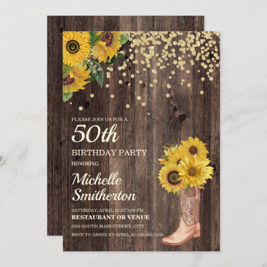 Invitation Parties scintillant Rustic Sunflower Boots 50e ann (Devant / Derrière)
