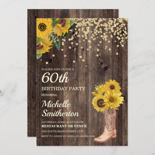 Invitation Parties scintillant Rustic Sunflower Boots 60e ann (Devant / Derrière)