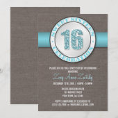 Invitation Parties scintillant rustique Aqua Blue Sweet 16 In (Devant / Derrière)