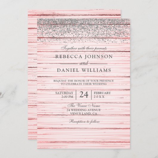 Invitation Parties scintillant Rustique Rose Bois Argent Mari (Devant / Derrière)