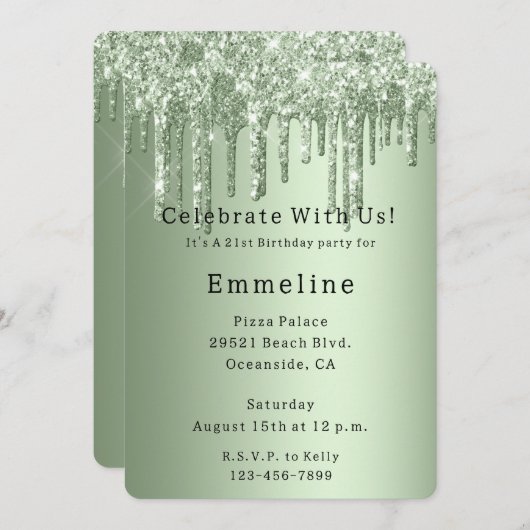 Invitation Parties scintillant Sage Green Sparkle Drithday (Devant / Derrière)