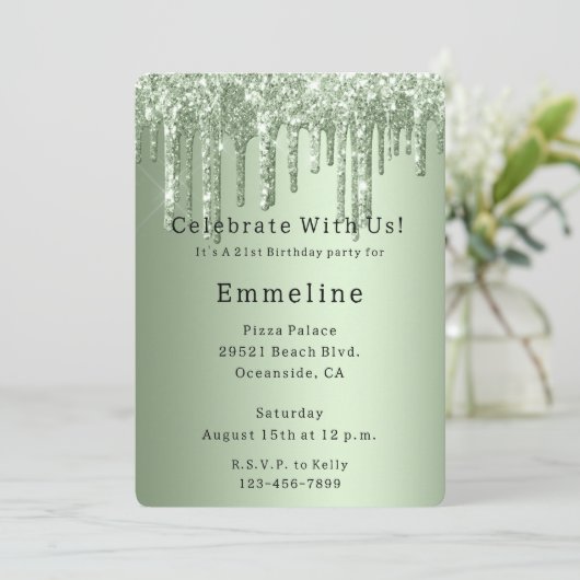 Invitation Parties scintillant Sage Green Sparkle Drithday (Debout devant)