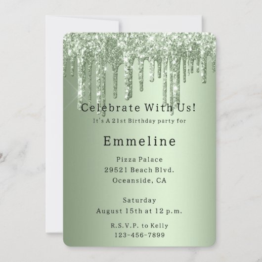 Invitation Parties scintillant Sage Green Sparkle Drithday (Devant)