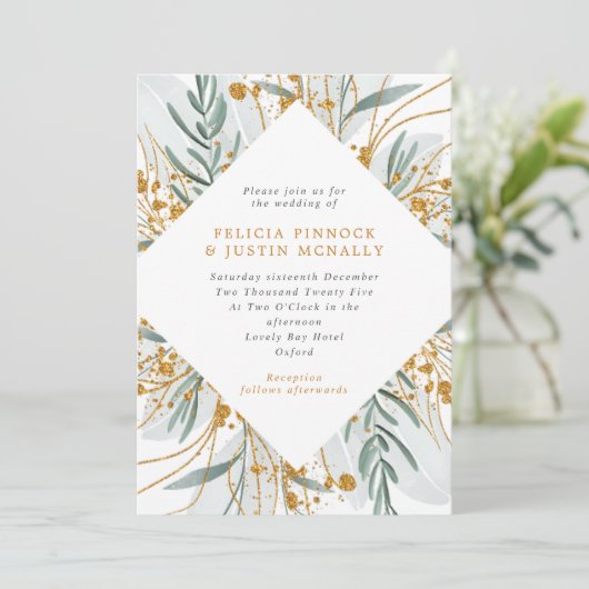 Invitation Parties scintillant Sage & Or Mariage d'hiver géom (Debout devant)