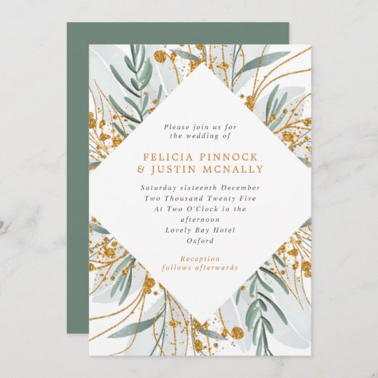 Invitation Parties scintillant Sage & Or Mariage d'hiver géom (Devant / Derrière)
