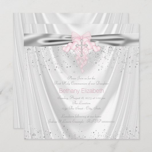 Invitation Parties scintillant satinée blanche Croix rose pre (Devant / Derrière)