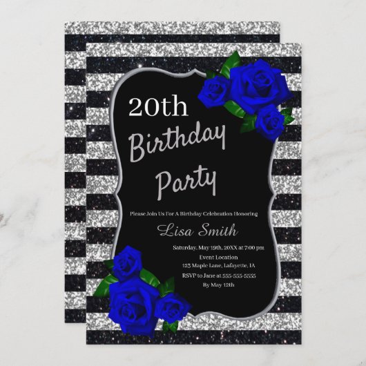 Invitation Parties scintillant Silver Black Stripes  Bleu pro (Devant / Derrière)