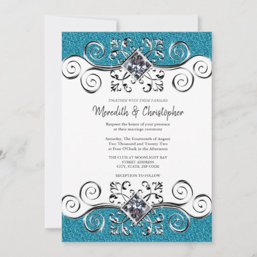 Invitation Parties scintillant Silver Bling Turquoise Bleu Fa (Devant)