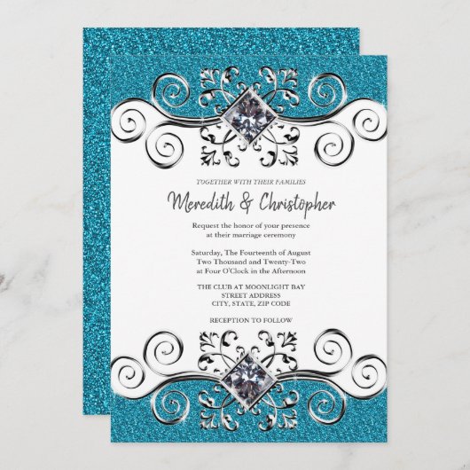 Invitation Parties scintillant Silver Bling Turquoise Bleu Fa (Devant / Derrière)