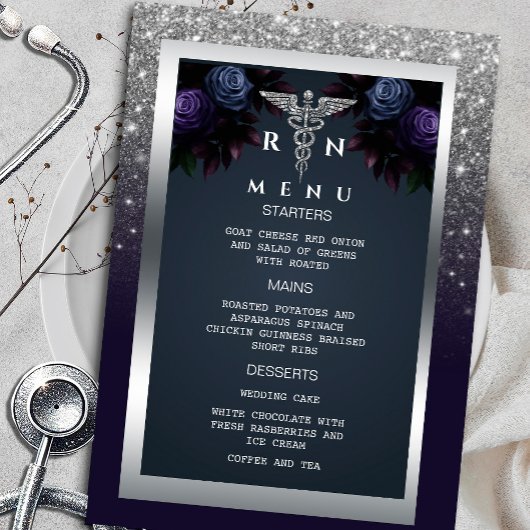 Invitation Parties scintillant Silver Navy Blue Florals Menu 