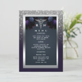 Invitation Parties scintillant Silver Navy Blue Florals Menu  (Debout devant)