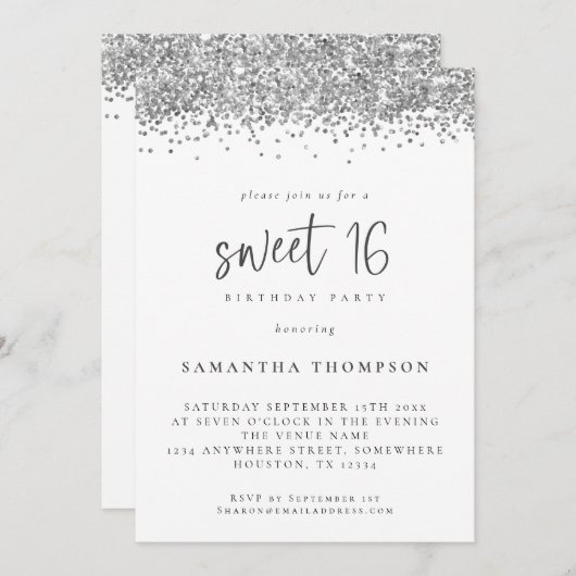 Invitation Parties scintillant Silver tendance Sweet 16 Anniv (Devant / Derrière)
