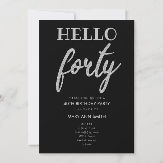 Invitation Parties scintillant simple en argent "Hello Quarty (Devant)