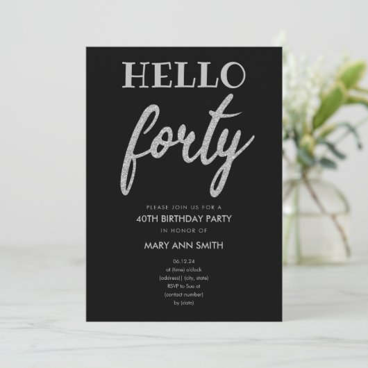 Invitation Parties scintillant simple en argent "Hello Quarty (Debout devant)