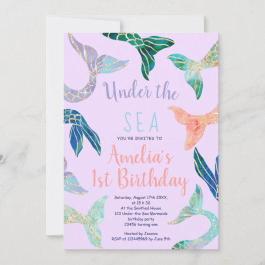 Invitation Parties scintillant sirène or rose violet 1er anni (Devant)