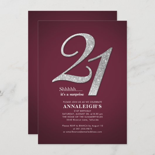 Invitation Parties scintillant Sliver 21e fête d'anniversaire (Devant / Derrière)