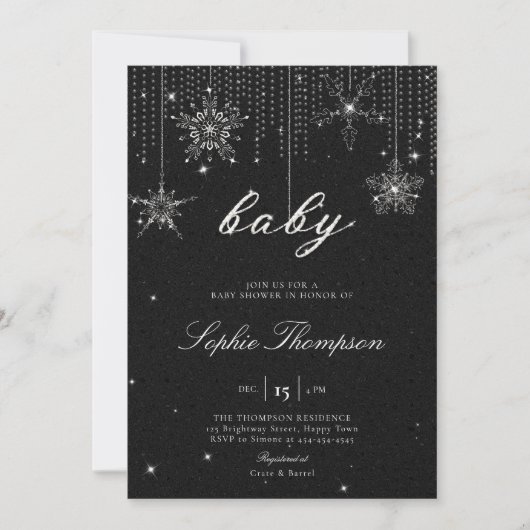 Invitation Parties scintillant Snowflakes BW Genre Baby showe (Devant)