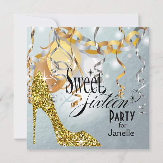 Invitation Parties scintillant Stiletto Silver Foil Sweet 16  (Devant)