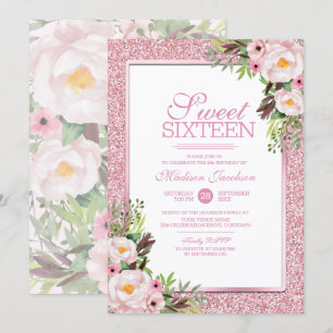 Invitation Parties scintillant tendance rose Floral Sweet 16 