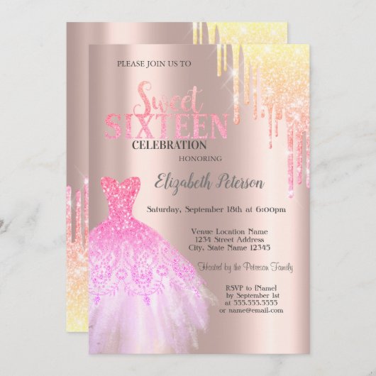 Invitation Parties scintillant tendance, Rose  robe Gold Swee (Devant / Derrière)