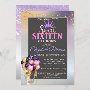 Invitation Parties scintillant Tiara, Coctail, Ballons Sweet 