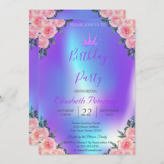 Invitation Parties scintillant Tiara Roses Ombre Holographiqu (Devant / Derrière)