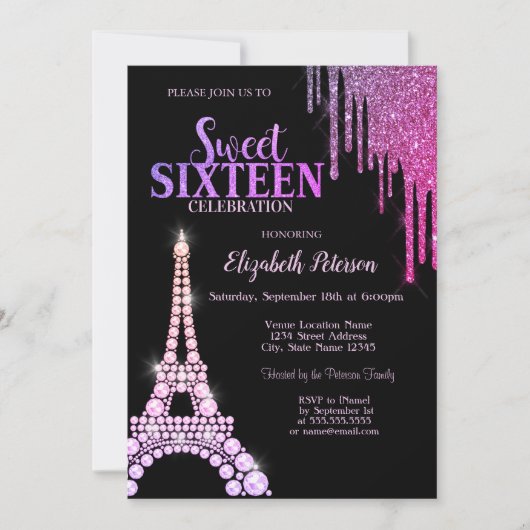 Invitation Parties scintillant, Tour Eiffel Black Sweet 16 (Devant)