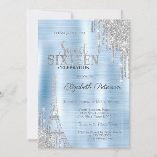 Invitation Parties scintillant, Tour Eiffel Bleu Metallic Swe (Devant)
