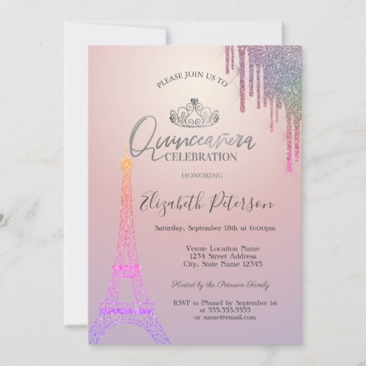 Invitation Parties scintillant Tour Eiffel, Douches colorées  (Devant)