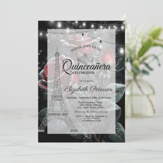 Invitation Parties scintillant Tour Eiffel, Drops Rose foncé (Debout devant)