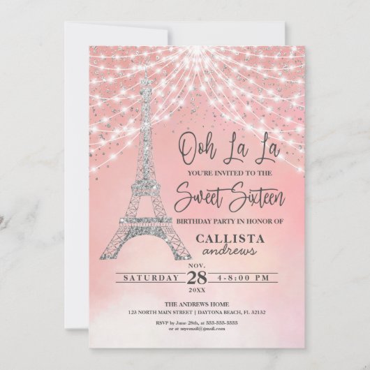 Invitation Parties scintillant Tour Eiffel en argent Lumières (Devant)