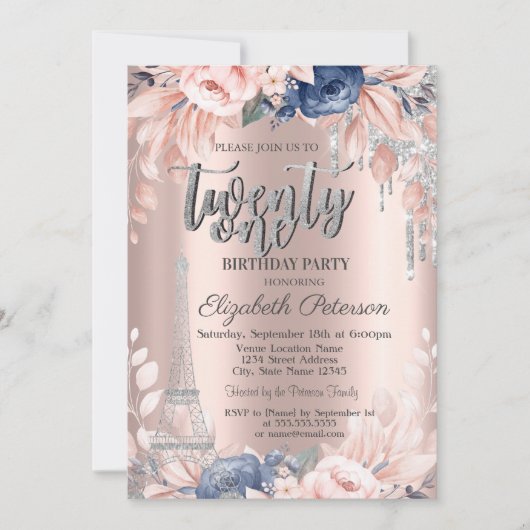 Invitation Parties scintillant, Tour Eiffel Fleurs 21e annive (Devant)