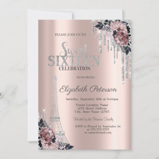 Invitation Parties scintillant, Tour Eiffel Fleurs Sweet 16 I (Devant)
