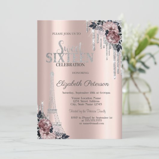 Invitation Parties scintillant, Tour Eiffel Fleurs Sweet 16 I (Debout devant)