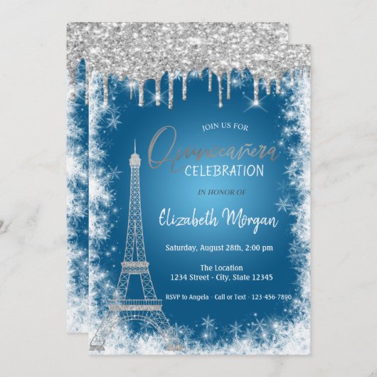 Invitation Parties scintillant, Tour Eiffel, Flocon de neige (Devant / Derrière)